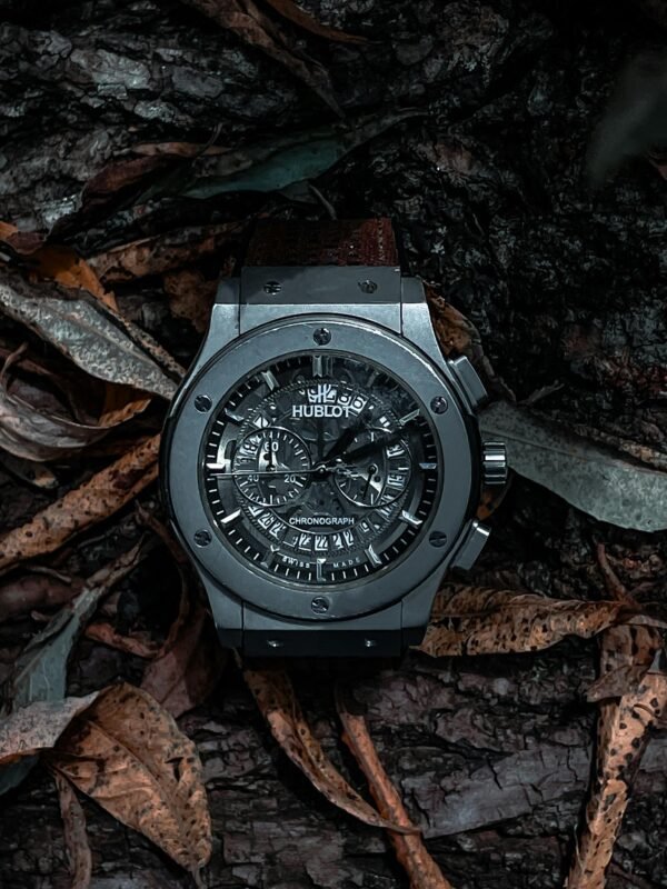 Elegant Hublot watch elegantly placed on rustic autumn leaves, showcasing intricate design and luxury.